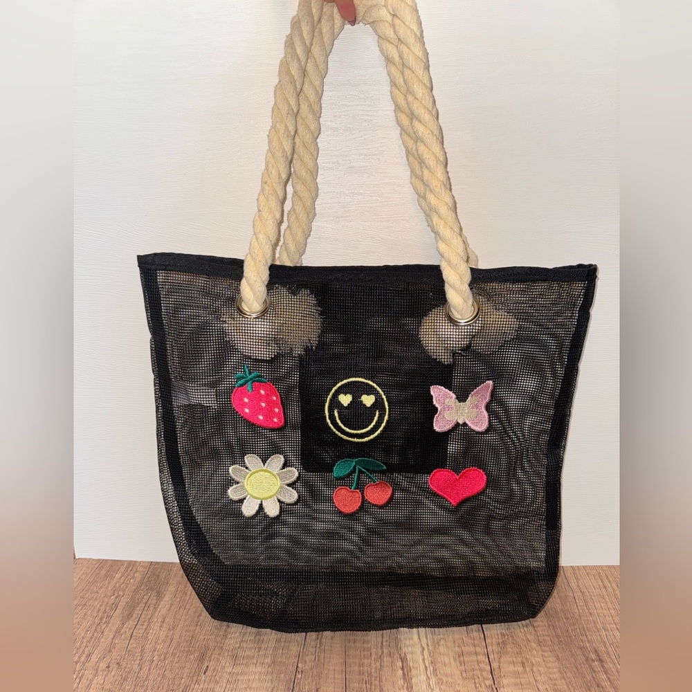 Y2K Mesh Beach Tote Strawberry Cherry Smiley Bag Beachcore Vacation Resortwear